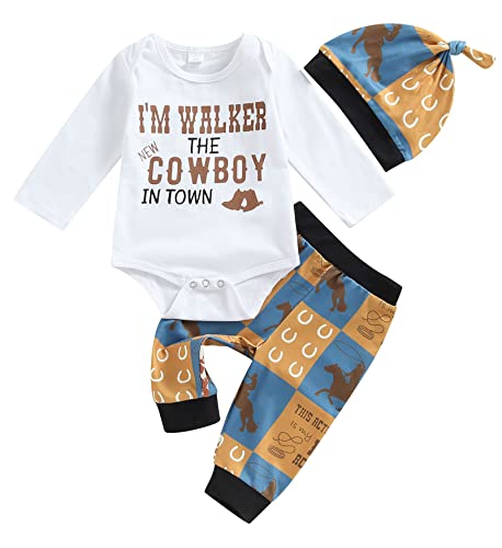 Image of Lily.Pie Newborn Baby Boys Funny Bodysuits with Leggings Caps 3pcs Outfit Clothes (0-3 Months, Z-Bodysuit C)