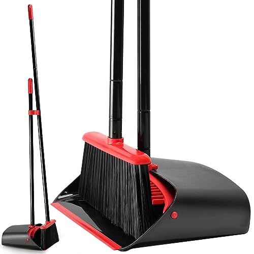 TreeLen Dust Pan and Broom/Dustpan Cleans Broom Combo with 52" Long Handle for Home Kitchen Room Office Lobby Floor Use Upright Stand Up Broom and Dustpan Set - Black/Red by TreeLen - Used condition - US$22.55