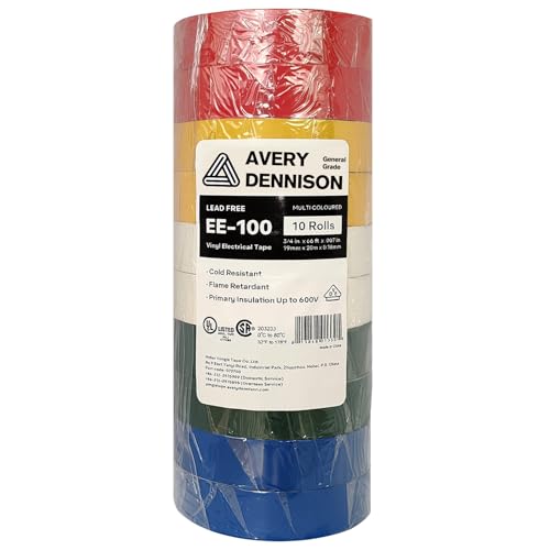 Image of Avery Dennison Electrical Tape, 10 Rolls General Use PVC Electric Tape, UL /CSA Listed in x 66 ft Insulating Vinyl Tape for Electrical, Repairs, Automotive and Equipment, EE-100, Multi Colored