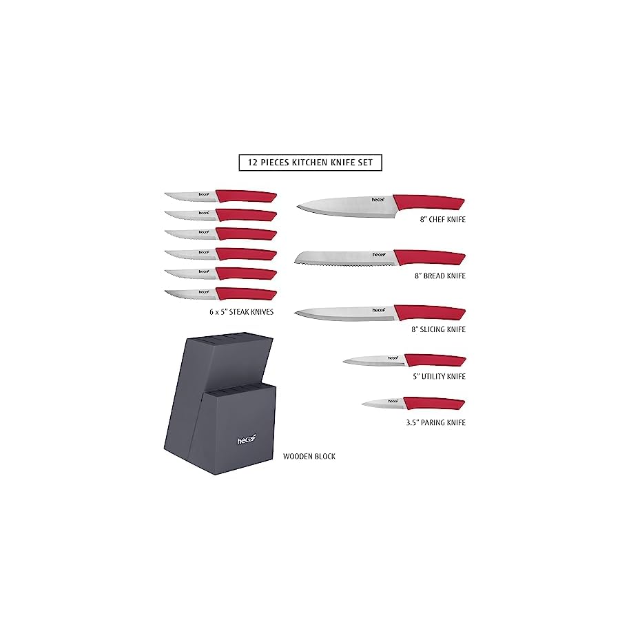 hecef-Kitchen-Knife-Block-Set-12-Pieces-Knife-Set-with-Wooden-Block-Steak-Knives-Set-Lightweight-and-Strong-High-Carbon-Stainless-Steel-Cutlery-Set-Extended-Handle-Design hecef Kitchen Knife Block Set, 12 Pieces Knife Set with Wooden Block & Steak Knives Set, Lightweight and Strong High Carbon Stainless Steel Cutlery Set, Extended Handle Design