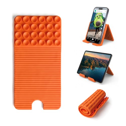 Neliangia Flexible Silicone Phone Stand with Suction Cups & Charging Port Cutout, Foldable Handheld Camera Grip Holder for All Smartphones, Orange 2 Pack