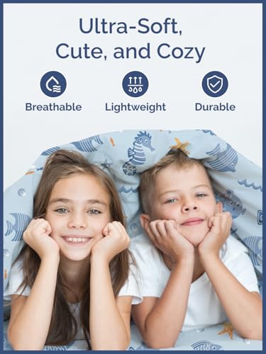 Image of Kids Queen Size Blue Fish Bed Sheets - 4 Piece Kids Blue Fish Sheet Set | Blue Fish Themed Bedding, Ultra-Soft, Cute & Cozy, Breathable & Machine Washable, Bed Set for Boys, Girls & Teens, Breathable
