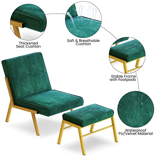 Awqm Velvet Accent Chair With Ottoman,Upholstered Single Sofa Chair With Metal Legs, Modern Living Room Chair Club Chair,Lounge Chair With Footrest,Reading Chair Recliner For Bedroom Office,Green #TOP5