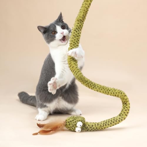 ZEZE Forest Snake Cat Teaser Wand Toy 50.5 Interactive Feather Cat Toy with Crinkle Sound Flexible Rubber Wand & Non-Slip Handle for Indoor Cats Play