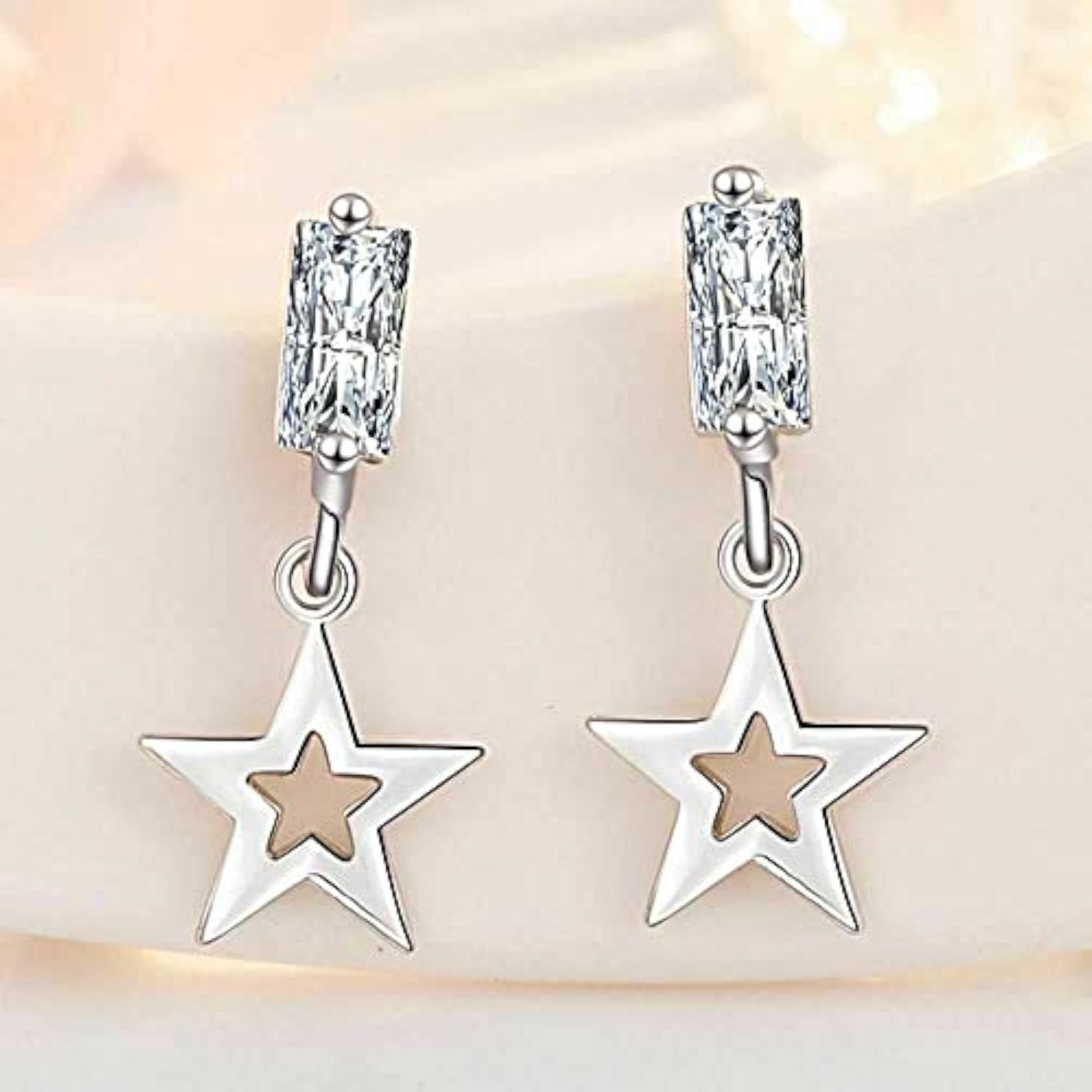 CZ Star Drop Earrings, Dangle Earrings with Embellished Zirconia