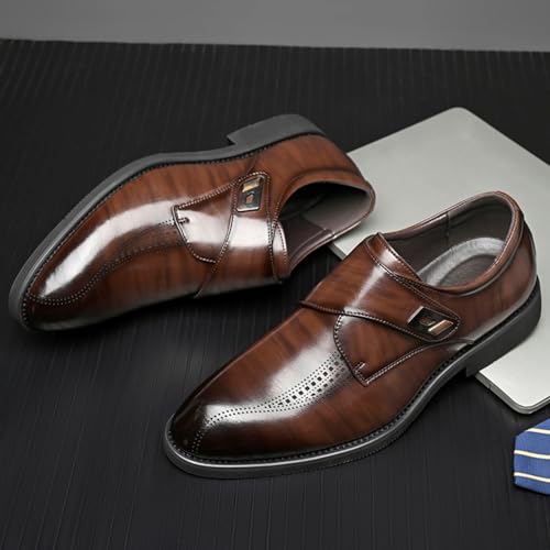 Mens Retro Monk Strap Leather Slip-On Dress Loafers Classic Low Top Wingtip Pointed Toe for Work Office Business2