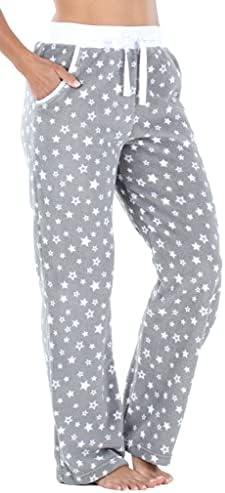PajamaMania Women's Plush Fleece Pajama Pants with Pockets, Grey and White Stars, Medium