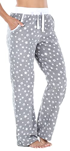Pajamamania Women's Plush Fleece Pajama Pants With Pockets, Grey And White Stars, Medium #TOP24