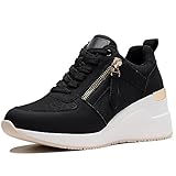 ANJOUFEMME Womens Wedge Trainers Platform Shoes for Women Ladies Heeled Casual Comfortable Trainers,W139,Black,5.5 UK