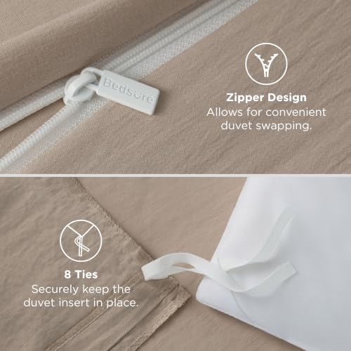 Image of Bedsure Prewashed Twin Duvet Cover, Cotton-Like Bedding Set, Light Brown | Ultra Soft, Relaxed Texture, Twin XL Breathable Comfort, Hidden Zipper, 8 Corner Ties, Easy Care, OEKO-TEX, Year-Round Use