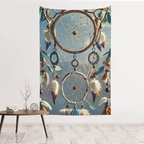 Tapisserie murale amérindienne attrape-rêves 152x102 cm en velours pêche