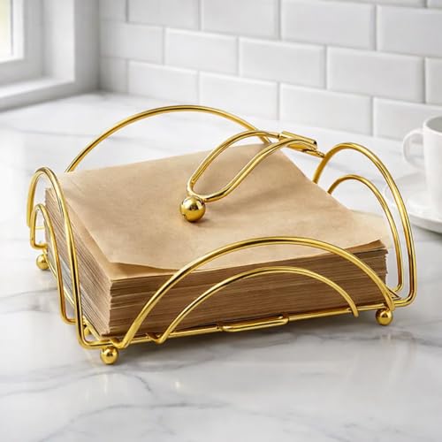 Image of CentraLit Napkin Holder for Dining Table | Modern Metal Tissue Holder with Weighted Arm for Kitchen, Tabletop & Parties | Premium Decorative Paper Napkin Stand (Gold)