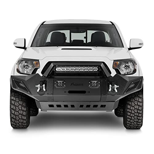 FINDAUTO Front Bumper Fit for 2005-2015 for Toyota Tacoma Upgraded Textured Black Rock Crawler Bumper with D-ring and Winch Plate,with LED Lights