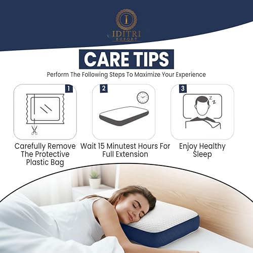 Image of Shredded Memory Foam Pillow, 50x30x6 cm High Density Core for Neck Pain Relief, Breathable White and Navy Blue Jacquard Cover, Orthopedic Bedding Support for Aligned Spine