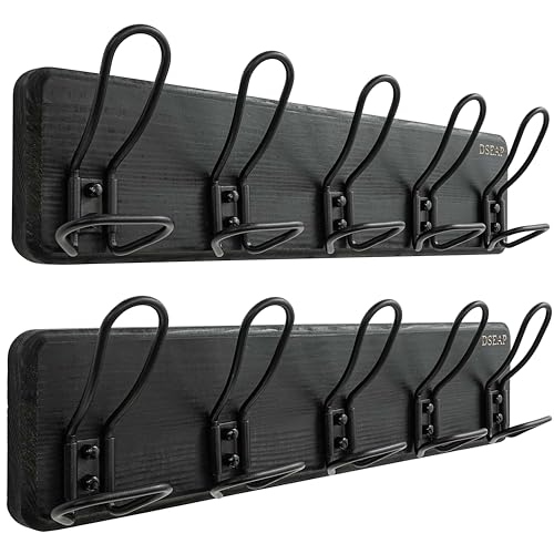 Dseap Coat Rack Wall Mounted - Heavy Duty Farmhouse Rustic Wall Coat Hanger with 5 Wire Hooks for Clothes Hat Jacket Towel, RusticWire, G25A, Black, Pack of 2