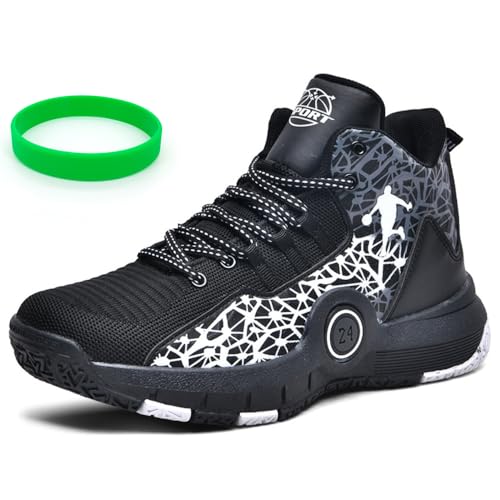 Spedify Men's High-Top Basketball Shoes Outdoor Shock-Absorbing Teen Boy Girl Adult Sports Sneakers with Non-Slip with Silicone Sports Wristband(Black 12 Women,10.5 Men)