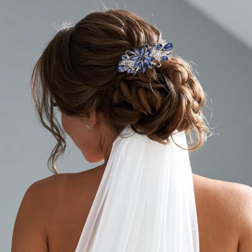 Image of MAYCREATE Floral Rhinestone Center Back Clip, Stylish Hair Barrette, Blue