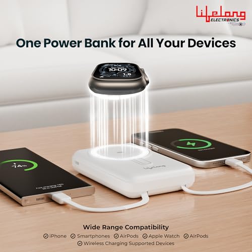 Image of Lifelong Electronics 10000mAh MagSafe Wireless Power Bank | 2 Cables - Lightning & Type C - for Wired Fast Charging | Powerbank for iPhone, iWatch and All Qi Enabled Phones & Devices | Display & Stand