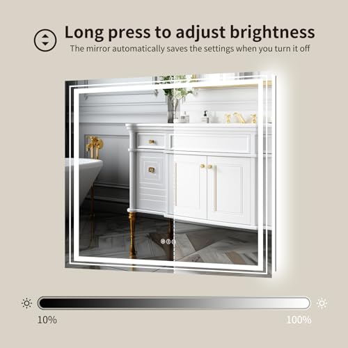 Image of WTTY LED Bathroom Mirror 36 inchx36 inch with Backlit and Front Light,Stepless Dimmable LED Mirror for Bathroom,Anti-Fog Lighted Bathroom Vanity Mirror Modern,Memory Function,Shatter-Proof