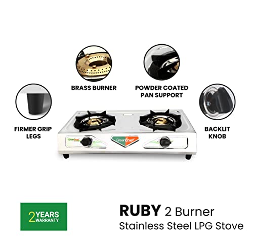 Image of Greenchef Ruby Stainless Steel Silver 2 Burner Gas Stove, Manual Ignition