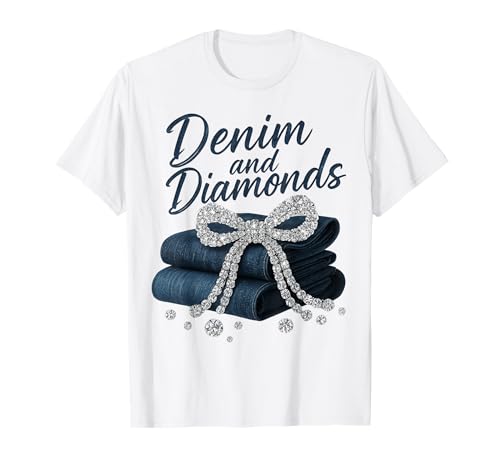 Denim and Diamonds Bow Ladies Girls Women Western Glam T-Shirt