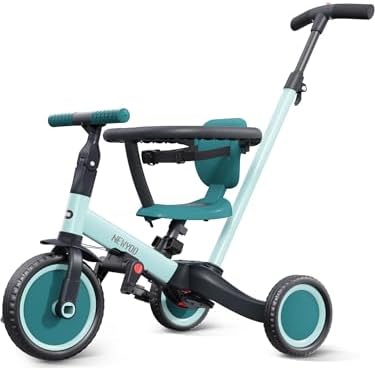 newyoo TR008 Toddler Push Tricycle, Toddler Bike for 1-3 Years Olds, Birthday Gift for Boys and Girls, 5 in 1 Balance Bike with Handle, Kids Trike with Safe Bar, Green
