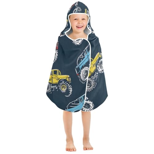 Image of Colorful Monster Trucks Style Hooded Beach Towel for Kids, Kids Bath Hooded Towels for Boys Girls, Super Soft Absorbent Bathrobe with Hood for Swin Pool 50 inchx23.5 inch