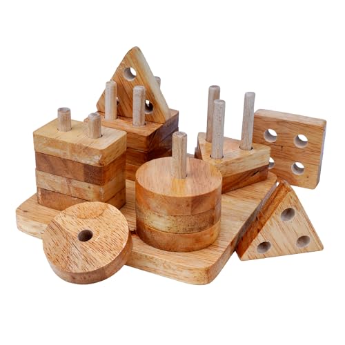 Image of Wooden Shape Sorter Puzzle Toy with 4 Geometric Shapes and Peg Board | Stacking Toy for Toddlers | Educational Montessori Toy for Kids 3+ | Brain and Motor Skill Builder Activity Game