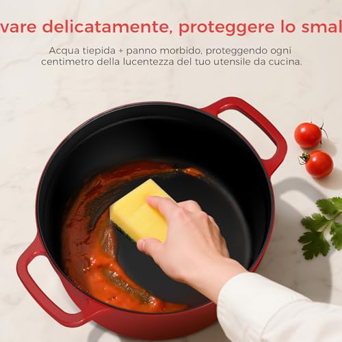 YASHE Pentola in Ghisa con Coperchio, Casseruola Antiaderente, Forno Olandese Smaltato Rotondo per Zuppe, Stufati e Cottura al Forno, Rossa - immagine 6