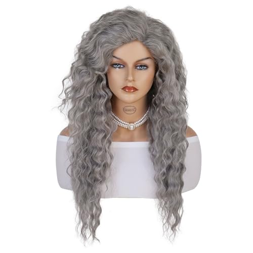 GNIMEGIL 28 Inches Long Grey Cosplay Wig Women Natural Wavy Fluffy Curly Hair Synthetic Fiber Girls Dark Gray Wig Halloween Costume Witch Wigs Victorian Ghost Cosplay