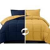 Elegant Comfort 3-Piece Reversible Comforter Set, All Season Cozy, Soft Down Alternative, Quilted - Box Stitched - Duvet Insert with 4 Corner Tabs, Comforter with Shams, Twin, Navy/Yellow