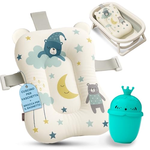 BABYBEBLOO Cuscino per Vasca da Bagno Neonato con Brocca – Riduttore Vaschetta Bagnetto – Supporto Morbido Universale – Materassino Antiscivolo per Neonati Bambino (Bianco Blu)