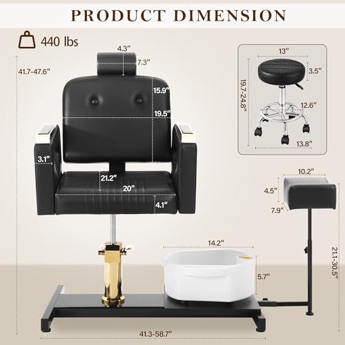 KIIUMI Pedicure Chair No Plumbing, Hydraulic Plumbless Pedicure Foot Chair for Nail Tech, Reclining Portable Foot Station Unit with Massage Bath Bowl & Footrest, Black and Glod - Thumbnail 3
