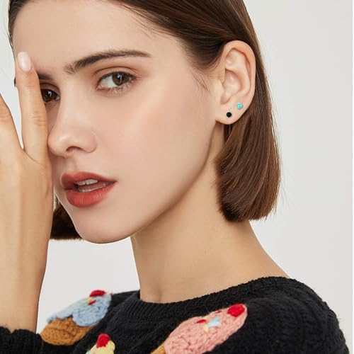 Fansilver 925 Sterling Silver Stud Earrings for Womens Moonstone Earrings Turquoise Black Earrings Round Gemstone Stud Gift Christmas Valentine’s Day4