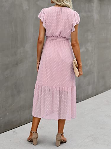 Image of BTFBM Women Summer Bohemian Floral Casual Wrap V Neck Ruffle Cap Sleeveless Belt A-Line Pleated Hem Midi Sun Dress White
