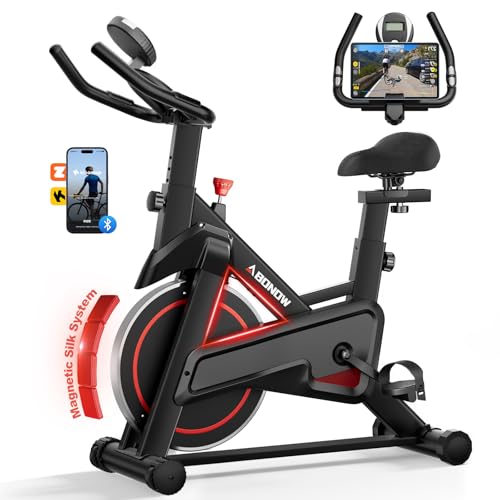 Exercise Bike, Brake Pad Stationary Bikes for Home with App Compatible, Low Noise Indoor Cycling Bike, 300lbs Capacity Compact Workout Bike with Tablet Mount & Extra Comfort Seat