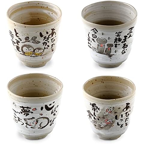 Product of Gifu Japan Mino Yaki(Ware) ceramic Handmade Japanese Tea Cups Sake Green Tea Yunomi Tea cup Mug, Japanese Poem Design(Rabbit, Owl, Cat, Jizo), Gray 6.1 fl oz Cover