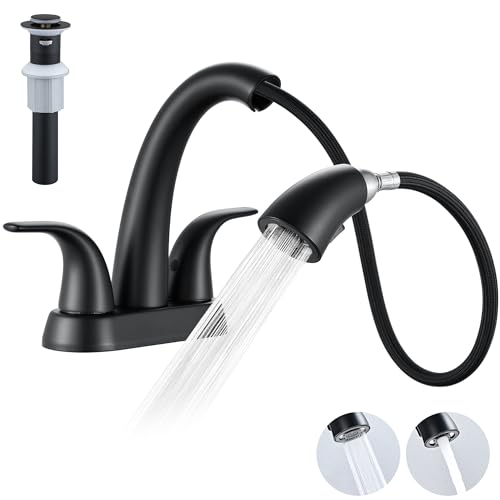 Matte Black Bathroom Sink Faucet - 4 Inch Centerset Pull Down Vanity Faucets 3 Hole with Pop Up Drain - Two Handle Modern Washbasin Tap Set with Pull Out Sprayer for Rv Lavatory Restroom