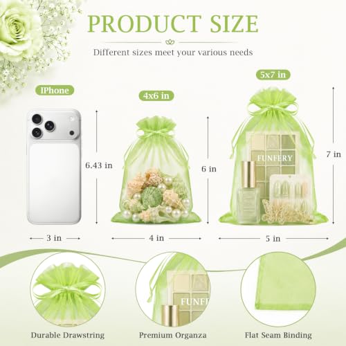 Image of FUNFERY 100PCS Apple Green Organza Gift Bags 5x7in,Drawstring Jewelry Pouch