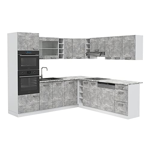 DIMENSIONI: La cucina angolare componibile ha una dimensione totale di 237x247 cm, la profondità e l'altezza dei moduli inferiori e superiori sono mostrate nelle foto.
