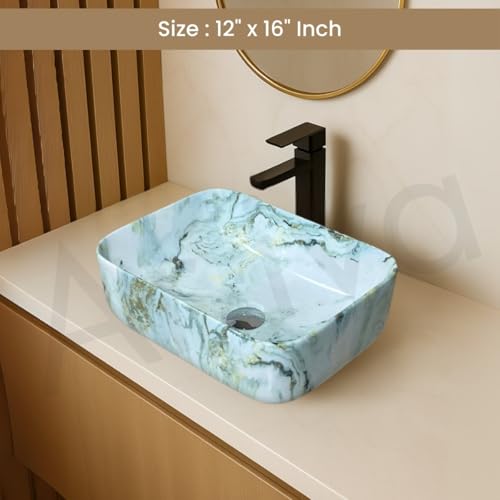 Image of Artiva Ceramic Wash Basin /Tabletop Washbasin For Bathroom,12 inchx16 inch /Small Countetop Bathroom Basin /Table Top Basin For Home,Office,Hotel /Rectangle Glossy Sink (Osian Green,12x16 Inch)