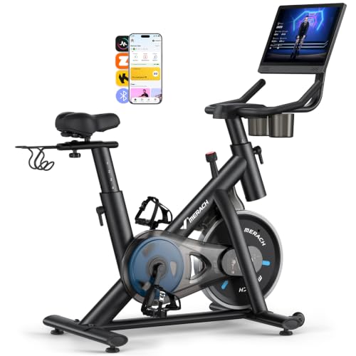 Image of MERACH Exercise Bike with Screen, 21.5 inch HD Display, Magnetic Resistance | Stationary Bike for Home, Exclusive App with Courses, 330lbs Capacity, Low Noise, Adjustable Seat & Handlebars