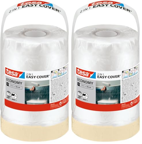 tesa Easy Cover ECONOMY Folie für Malerarbeiten - 2 in 1 Malerfolie zum Abdecken und Kreppband zum Abkleben - 33 m x 55 cm (Packung mit 2)
