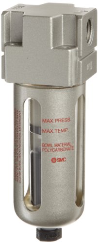 SMC AFM20-N02C-CZ-A. Mist Separator, Removes Oil Mist, Polycarbonate Bowl with Bowl Guard, Float Auto Drain (N.C.), 0.3 Micron, 7 scfm, 1/4" NPT