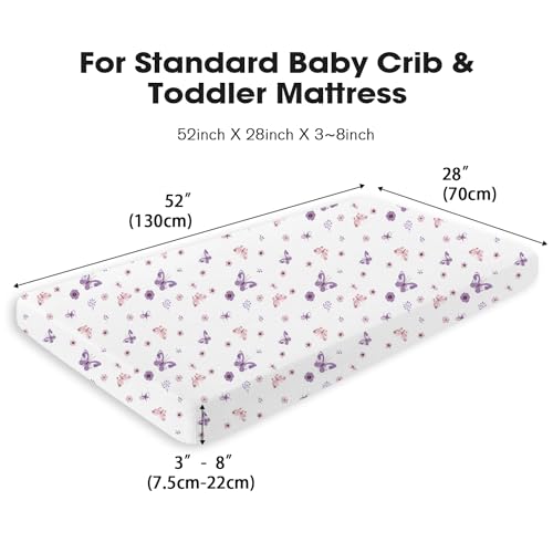Image of Little Grape Land Muslin Crib Sheets Fitted for Boys and Girls 2 Pack, 100% Cotton Baby Bed Sheets Soft Breathable, Neutral Fitted Baby Mattress Sheets for Standard Crib 52x28 inches, Purple Butterfly