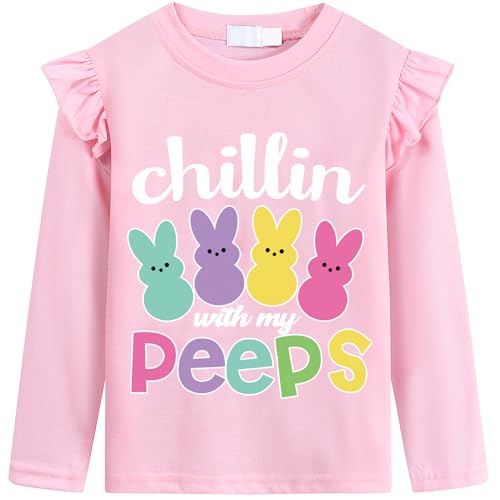 Image of Girls Easter T Shirt Cute Bunny Easter Egg Tee Gnomes Chicks Happy Easter Clothes Pink Long Sleeves 2-7 Years