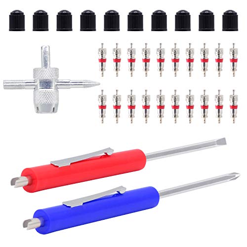 ZHSMS Valve Stem Removal Toolï¼Œ2 Pieces Tools Valve Core Removal Tool with Pocket Clipï¼ˆRed &Blueï¼‰ï¼Œ20Pcs Valve Cores, 4-Way Valve Tool,10 Pieces Valve Stem Caps