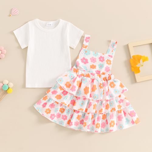 Image of Toddler Baby Girl Summer Clothes Kids Short Sleeve Solid T-Shirt Ruffle Daisy Skirts Overalls Dress Outfit 18M-6T