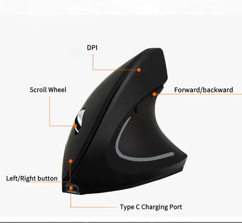 Image of FORIDA Ergonomic Vertical Wireless Mouse Rechargeable, 2.4GHz Optical USB Mouse with 6 Buttons, 800 /1200 /1600 DPI, Right-Hand Design for Laptop, PC, Mac - Black