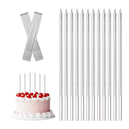 Geburtstagskerzen Kuchen Silber, 12PCS Metallisch Kuchenkerzen Geburtstag, Geburtstag Kuchen Kerzen Kinder und Erwachsene, Lange Dünne Cupcake Kerzen für Dekorative Geburtstag Hochzeit Party